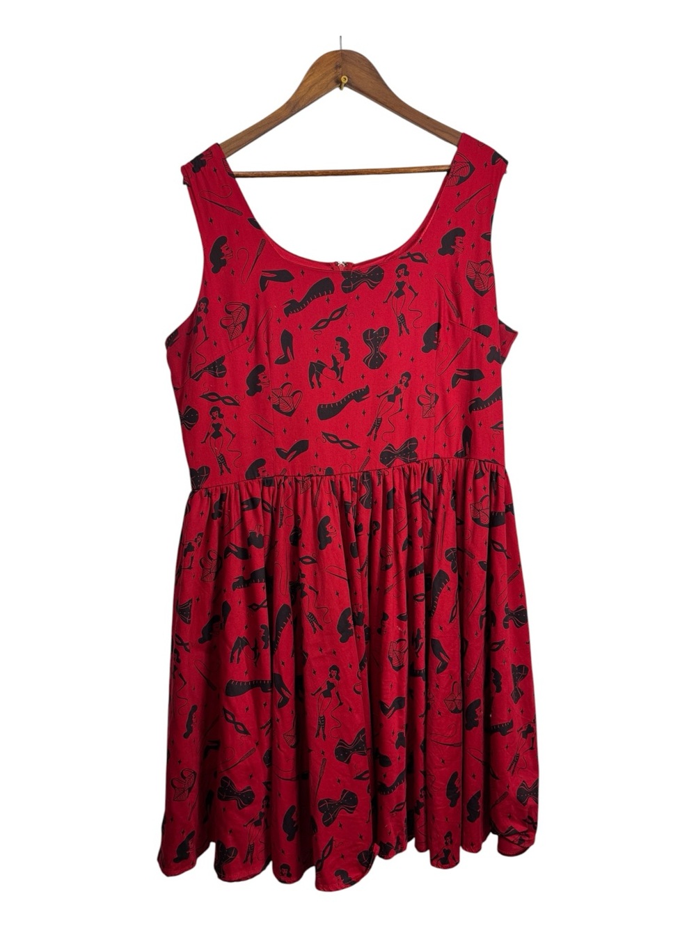 Fetish Dress Red Sleeveless Fit-and-Flare Dress with Black Novelty Print 2016 2X